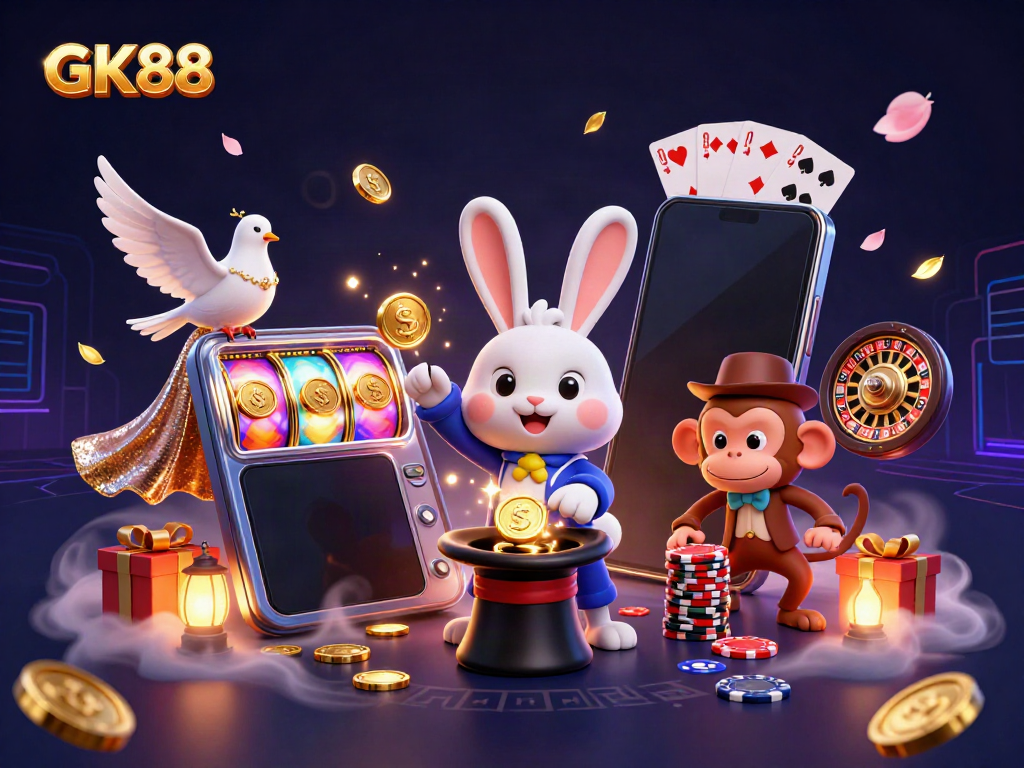 Experience thrilling wins with GK88 as a magician rabbit conjures coins and casino elements.