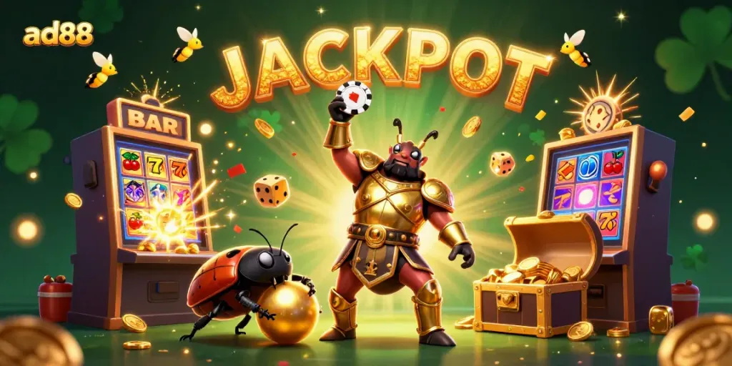 Experience the thrill of ad88 with animated characters celebrating a jackpot win in a vibrant casino scene.