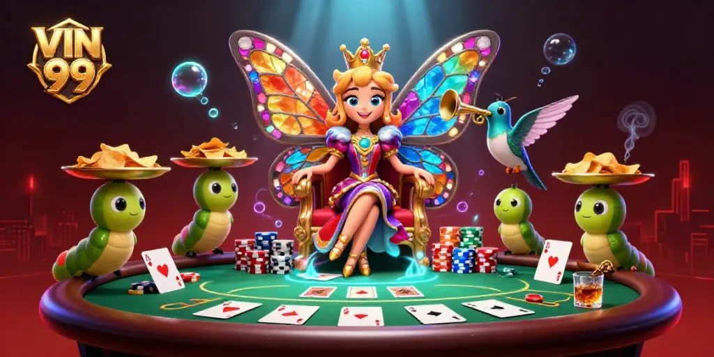 Engage in thrilling poker at VIN 99, featuring a vibrant butterfly queen and colorful chips in an immersive casino scene.