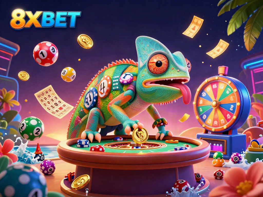 Join the excitement at 8XBET with a colorful casino scene filled with vibrant lottery, bingo, and game elements.