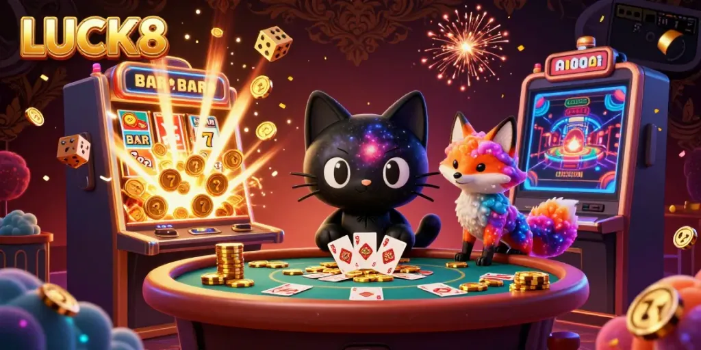 LUCK8 brings players together with cosmic casino excitement, featuring vibrant slot machines and colorful characters.