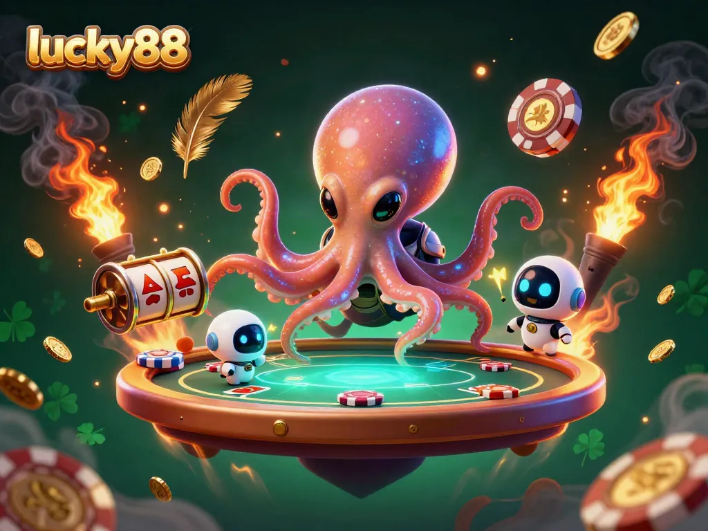 Lucky88 engaging casino scene with an alien octopus and a robot at a poker table, amidst vibrant gambling elements.