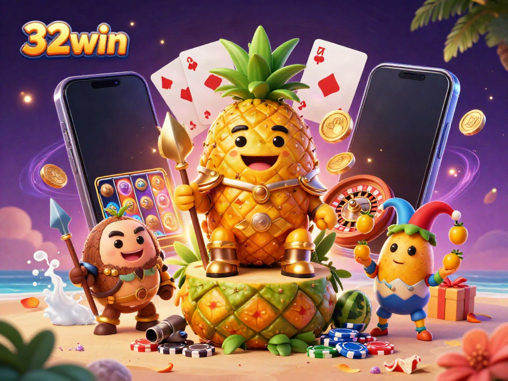 Join the fun at 32win with a vibrant casino scene featuring slots and gaming characters.
