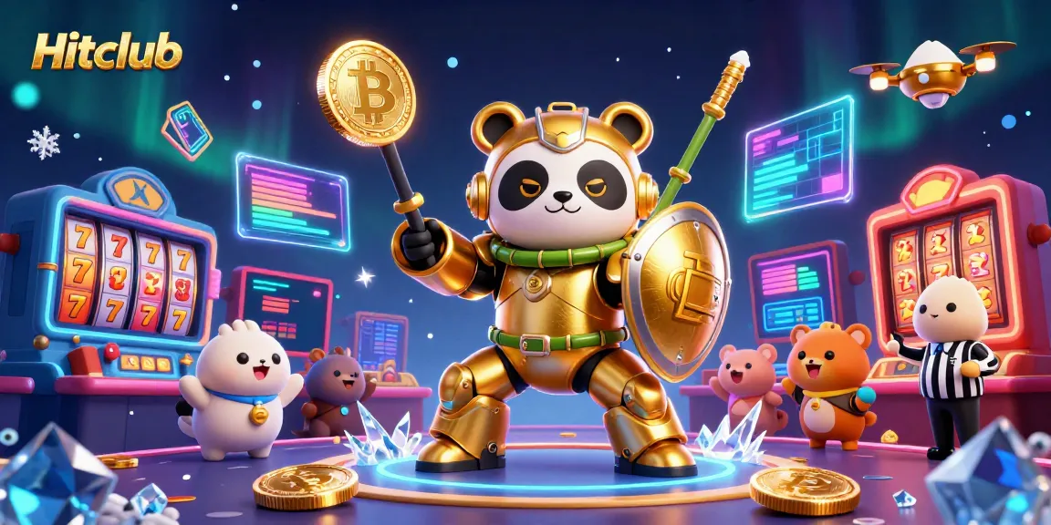 Experience Hitclub action with golden panda robot in a vibrant casino scene filled with crypto and slot elements.