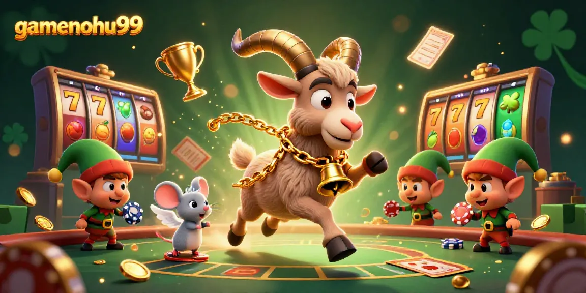 Experience excitement at gamenohu99's dynamic casino with Krampus, an angel mouse, and elf gremlins amidst slot reels.