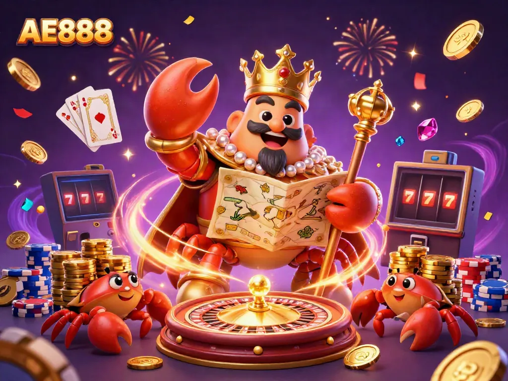 Join the AE888 gaming adventure with a golden crab emperor and treasure in this vibrant casino scene.