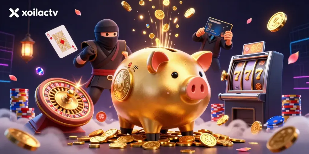 Experience thrilling gameplay with xoilactv as a golden piggy bank sumo wrestler unleashes a shower of coins in this dynamic casino scene.