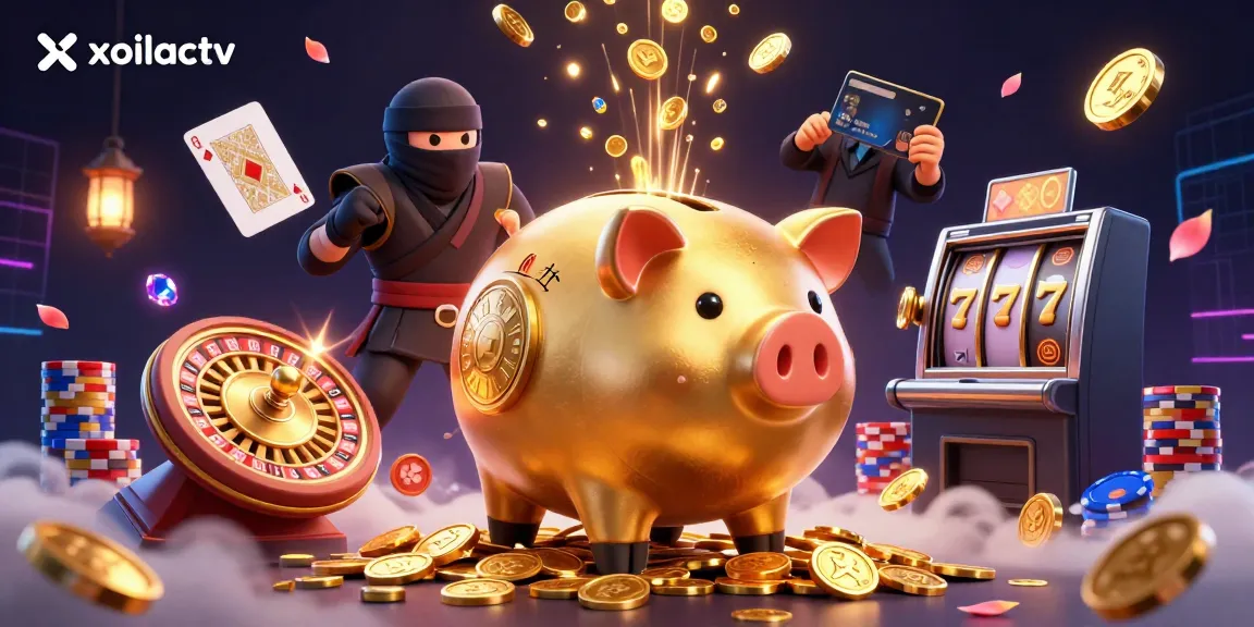 Experience thrilling gameplay with xoilactv as a golden piggy bank sumo wrestler unleashes a shower of coins in this dynamic casino scene.