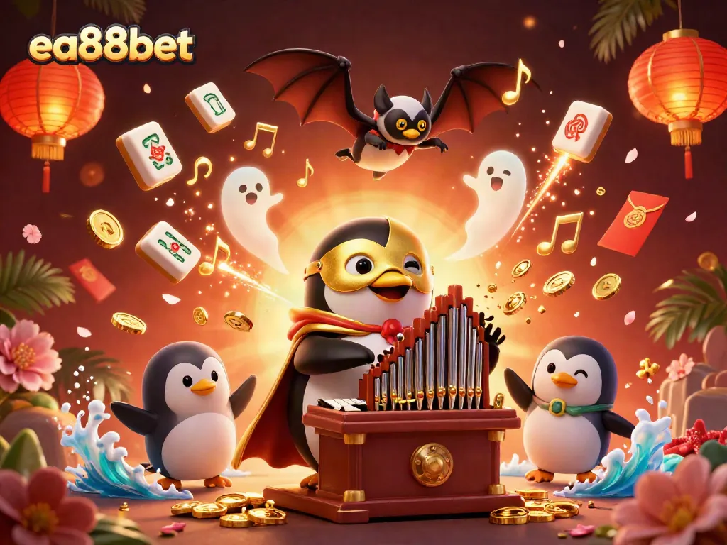 ea88bet showcases thrilling casino excitement with a penguin organist and dynamic gaming elements.