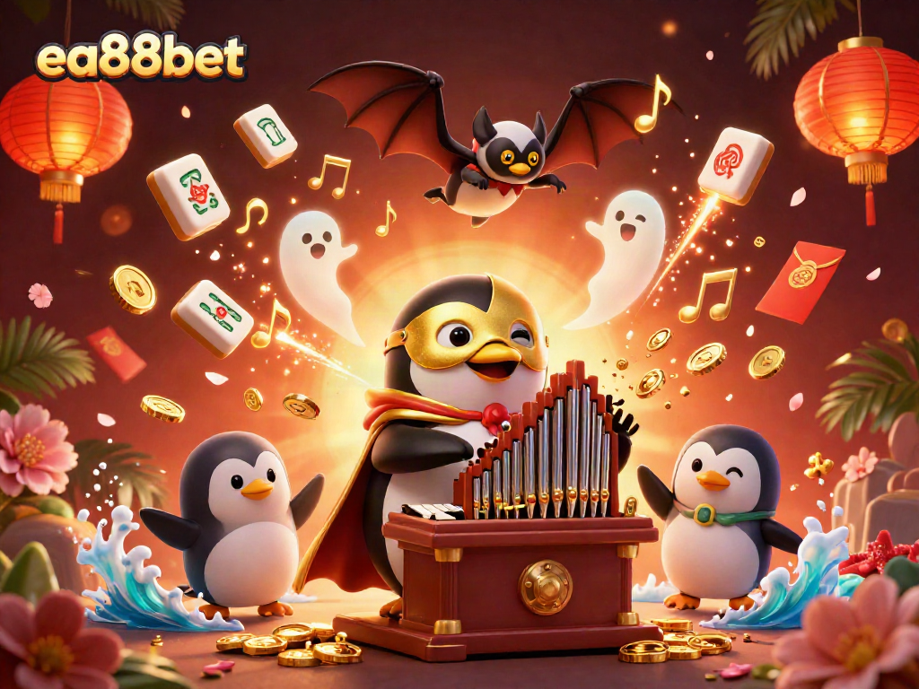 ea88bet showcases thrilling casino excitement with a penguin organist and dynamic gaming elements.