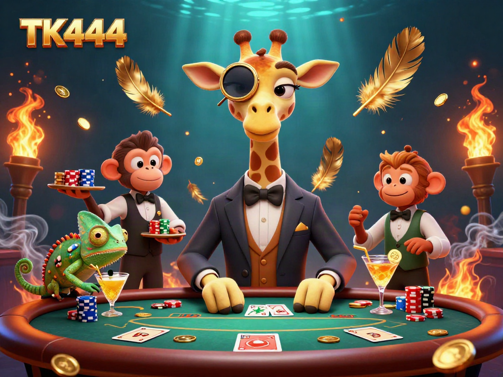Experience TK444's vibrant gambling scene with a high-roller giraffe and monkey valet at a poker table.