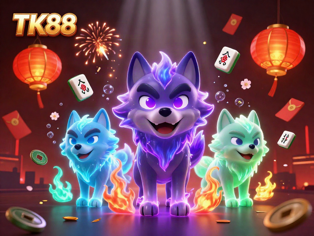 Engage with TK88's thrilling casino experience featuring dynamic wolves and vibrant game elements.