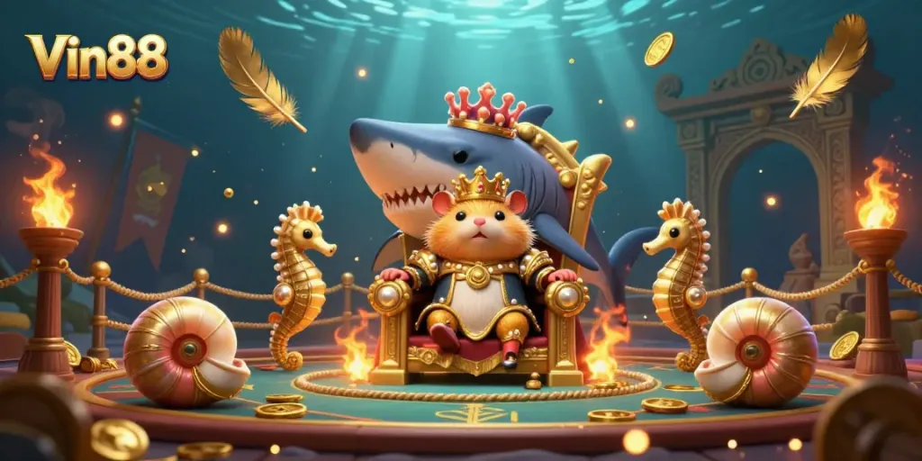Experience the excitement of Vin88 with a dynamic underwater-themed gambling scene featuring unique characters and vivid elements.