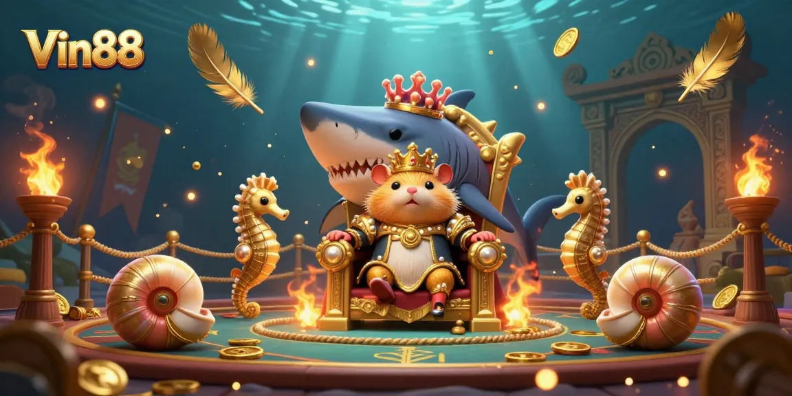 Experience the excitement of Vin88 with a dynamic underwater-themed gambling scene featuring unique characters and vivid elements.
