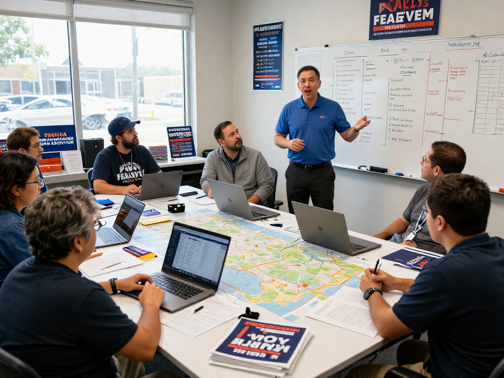 State legislature campaign marketing team collaborating in a vibrant office, strategizing with voter data and campaign materials.