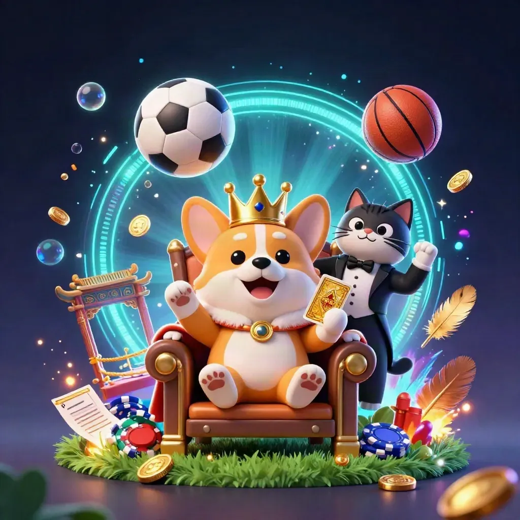 Royal corgi and cat butler in neon casino sports chaos with balls, coins, and temple lights.