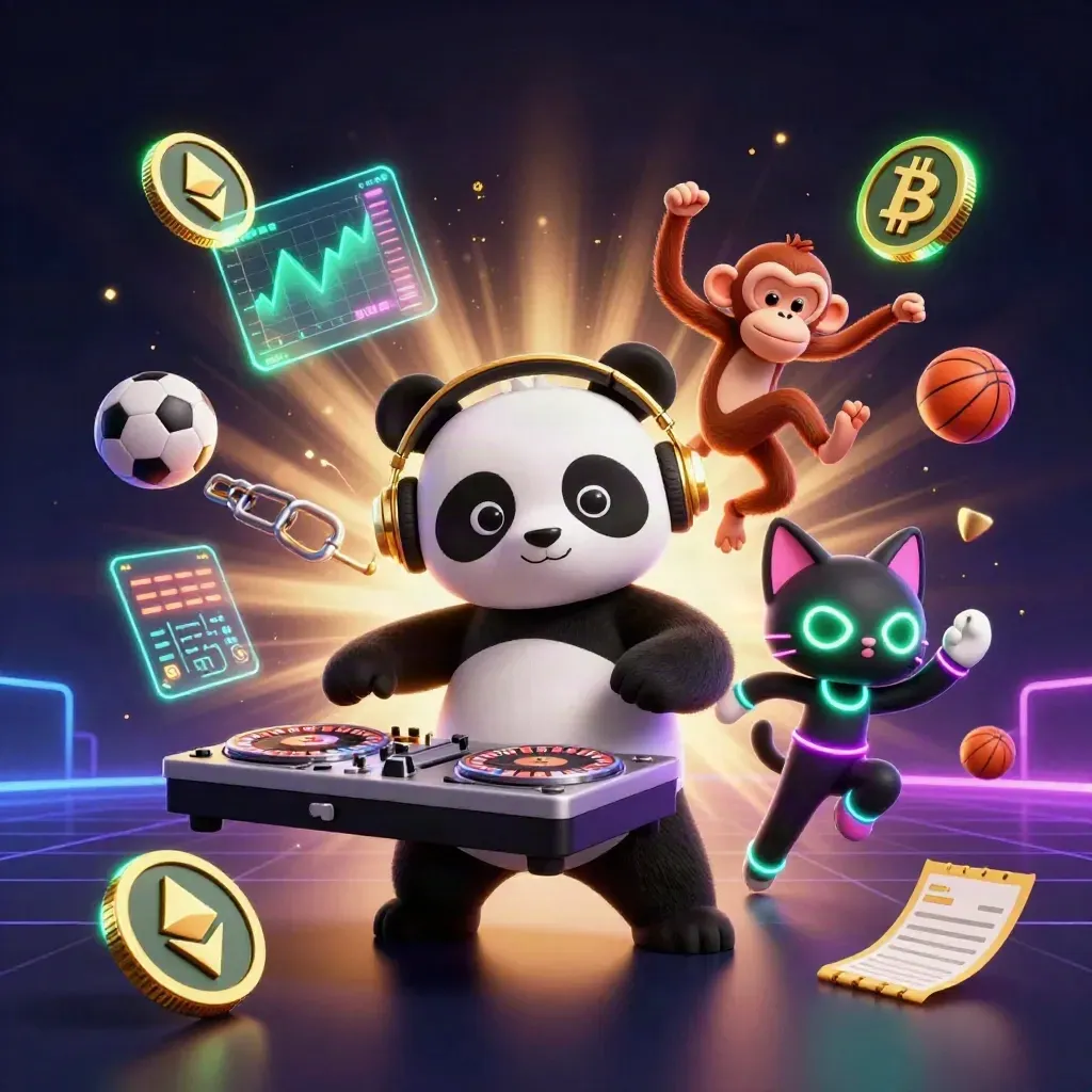 DJ panda, dancing monkey, and glow-stick kitten amid neon coins, lightning, and sports-betting symbols.