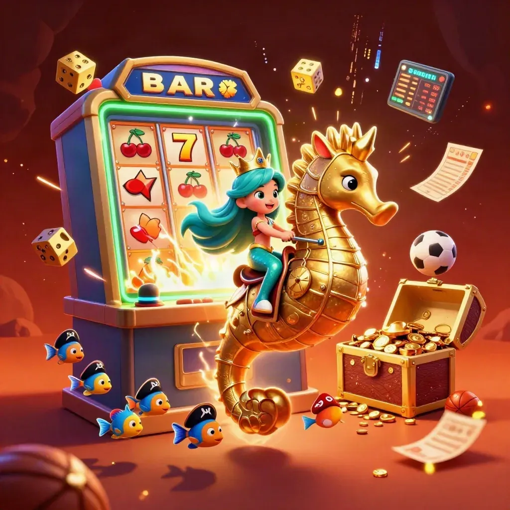 Mermaid princess on armored seahorse amid jackpots, neon bolts, and gold in a dark casino sky.
