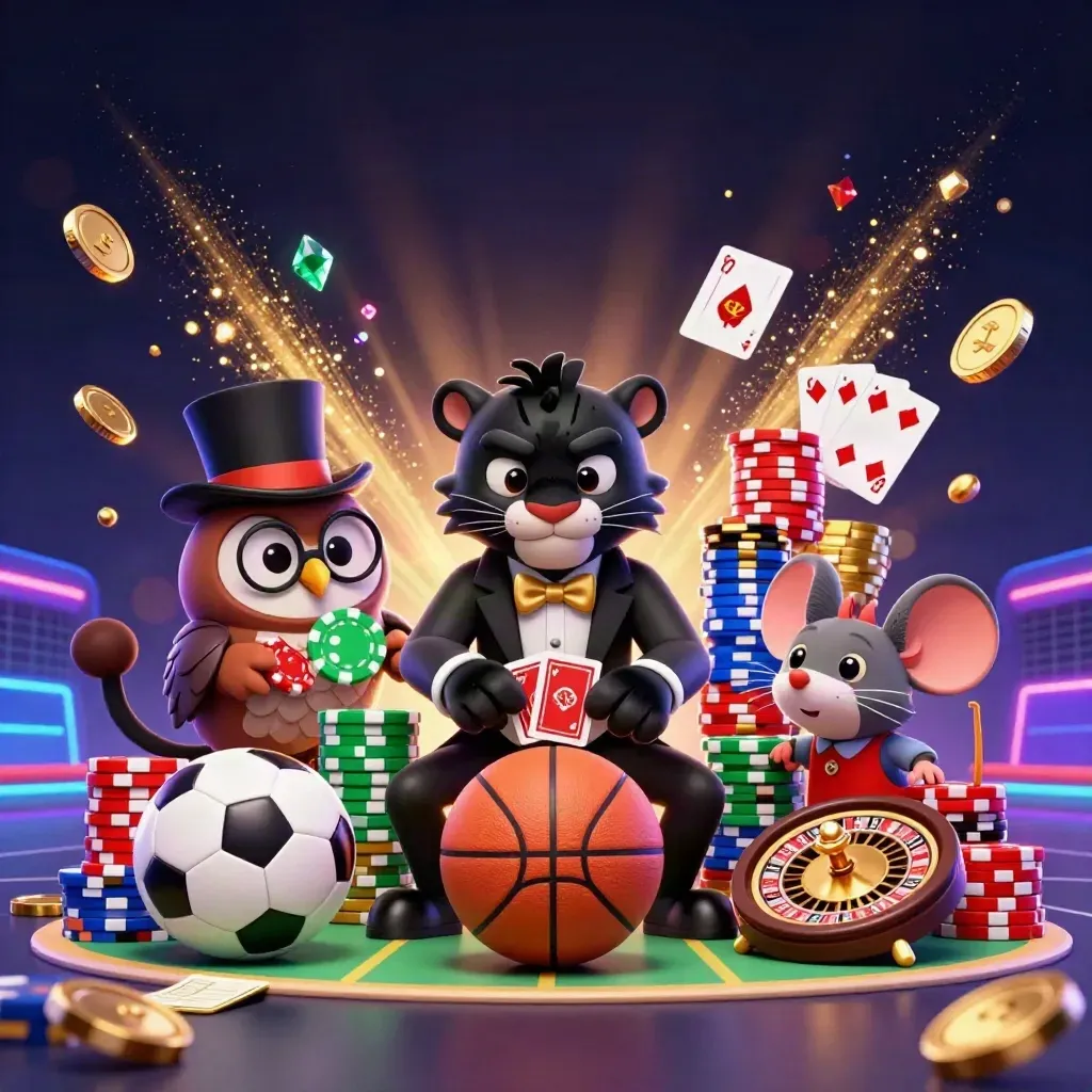 Ground-level casino key art with panther, owl, mouse, chips, and a frozen basketball burst.