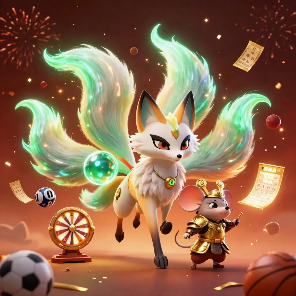 Neon fox spirit and samurai mouse amid casino game icons and blazing ember glow.