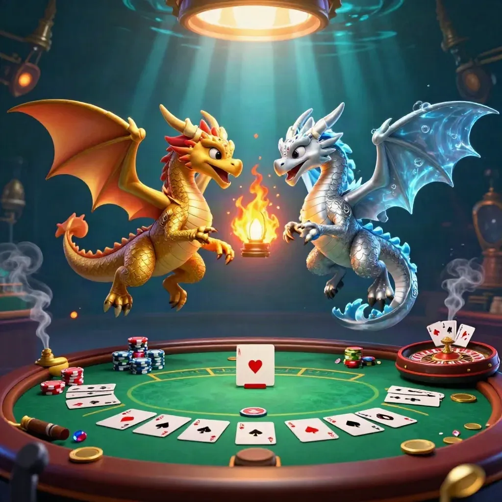 Gold and silver dragons spiral over a neon casino table with chips, cards, and glowing lights.