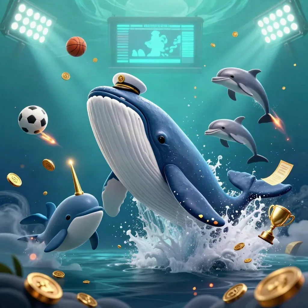 Whale, narwhal, and dolphins amid flying balls, coins, trophy, and stadium lights undersea.