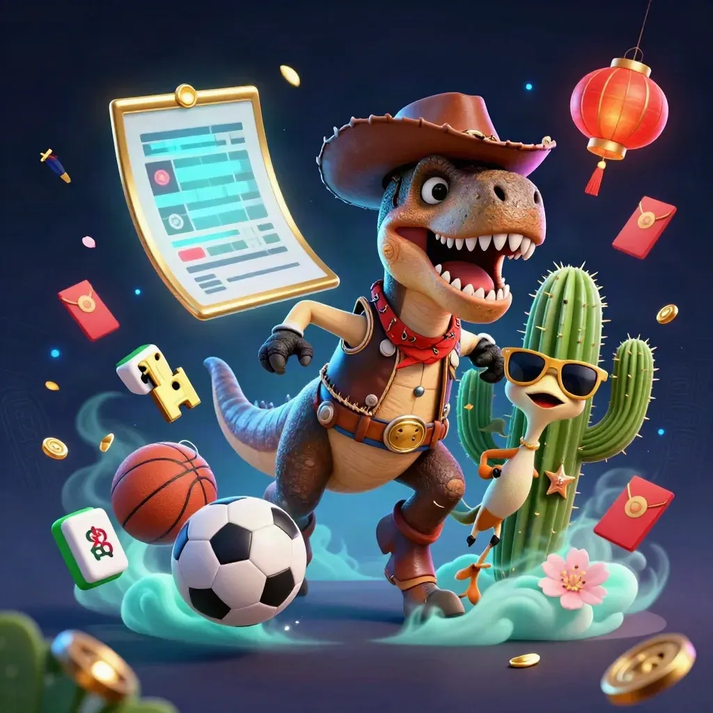 Cowboy T-Rex, cactus, and roadrunner amid flying sports props and casino effects.