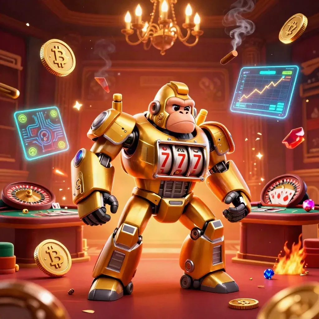 Golden gorilla mech with monkey pilot amid casino lights, coins, charts and sparks.