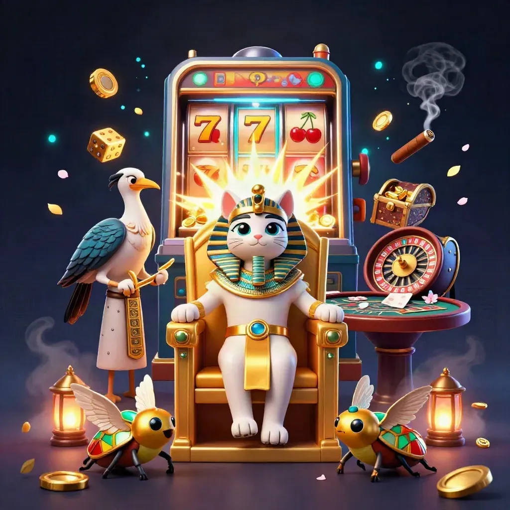 Pharaoh cat, ibis scribe, and gem-winged scarabs amid casino jackpots and gold.