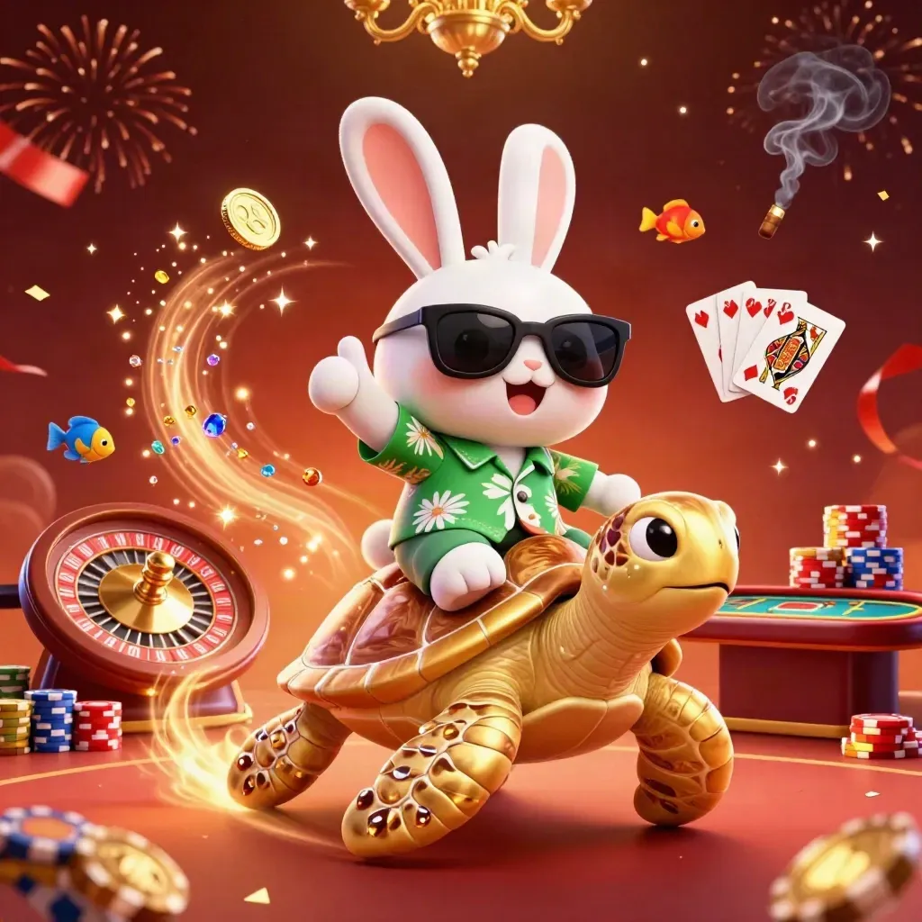 Lucky rabbit rides a golden sea turtle amid casino lights, coins, gems, cards, chips, and fireworks.