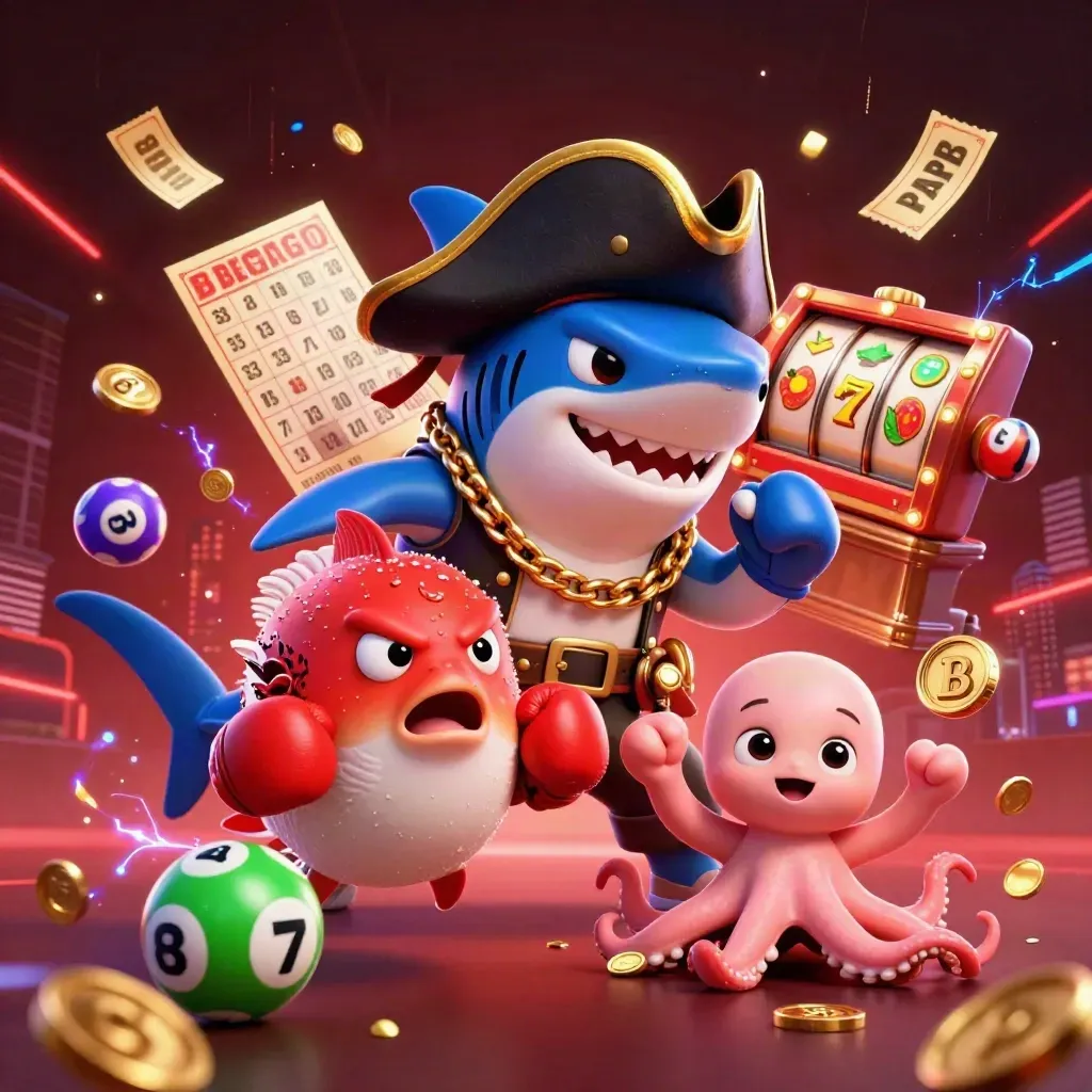 Pirate shark, boxing pufferfish, and juggling octopus explode with neon casino loot.