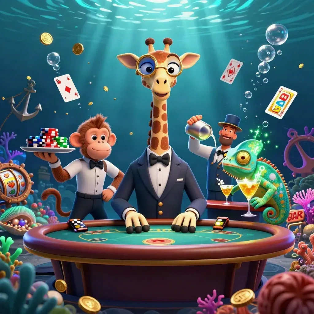 Giraffe, monkey, and chameleon at an underwater VIP poker table amid coins, coral, and bubbles.