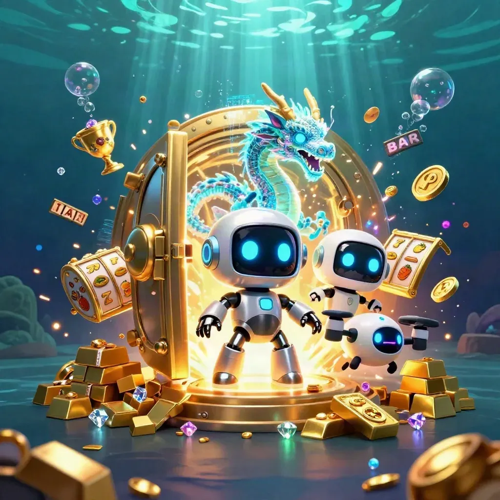 Robot, holographic dragon, and coin drone burst from an open gold vault underwater.
