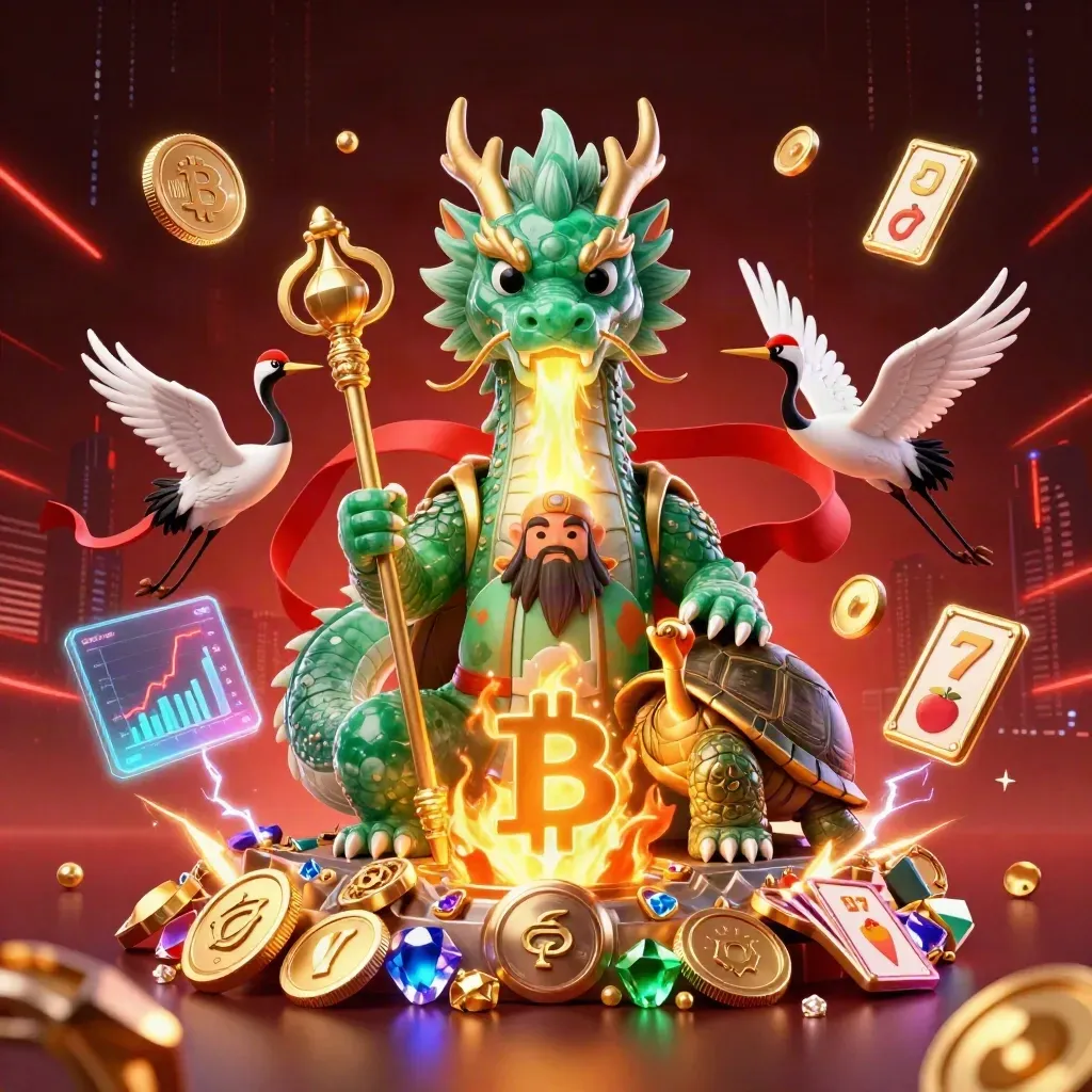 Emerald dragon, turtle sage, and cranes erupting with neon casino energy on a dark red backdrop.