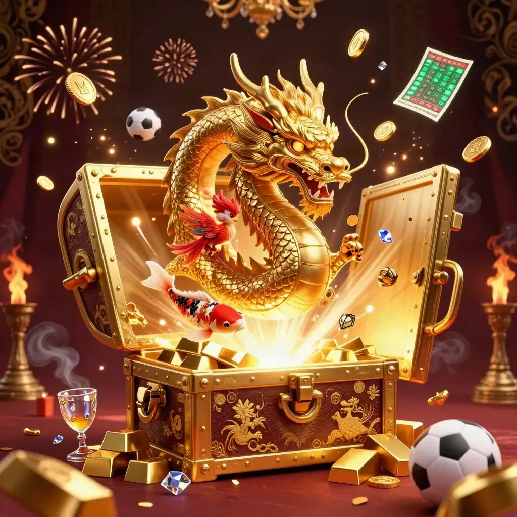 Golden dragon and phoenix burst from a vault amid coins, sports props, and casino lights.