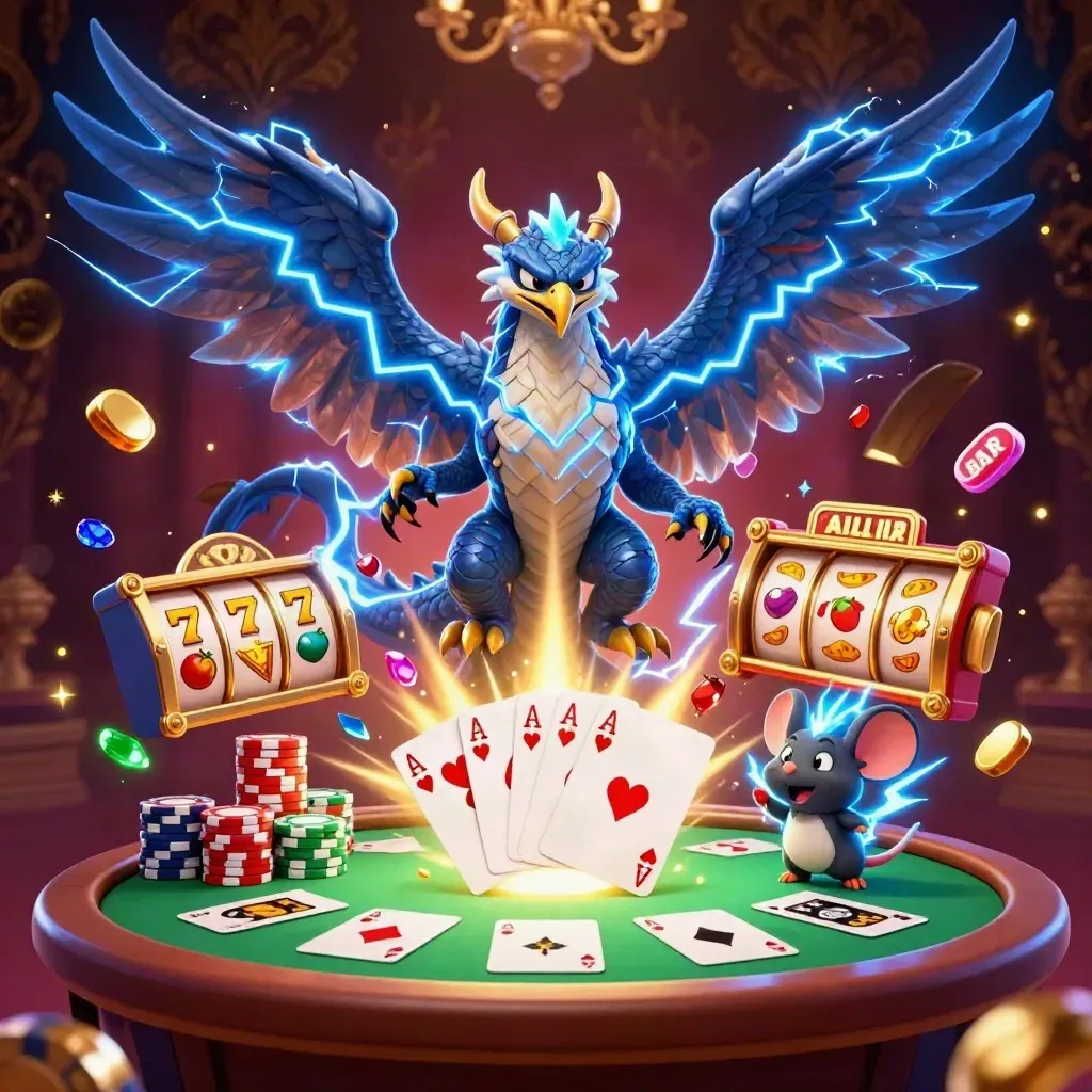 Thunder dragon, wind hawk, and static mouse amid casino cards, chips, and neon energy.