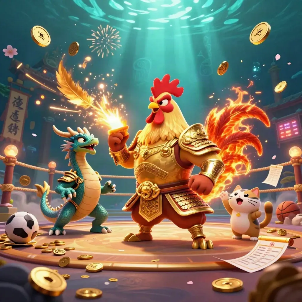 Rooster warrior, dragon hatchling and fortune cat amid casino treasure and sports betting icons.