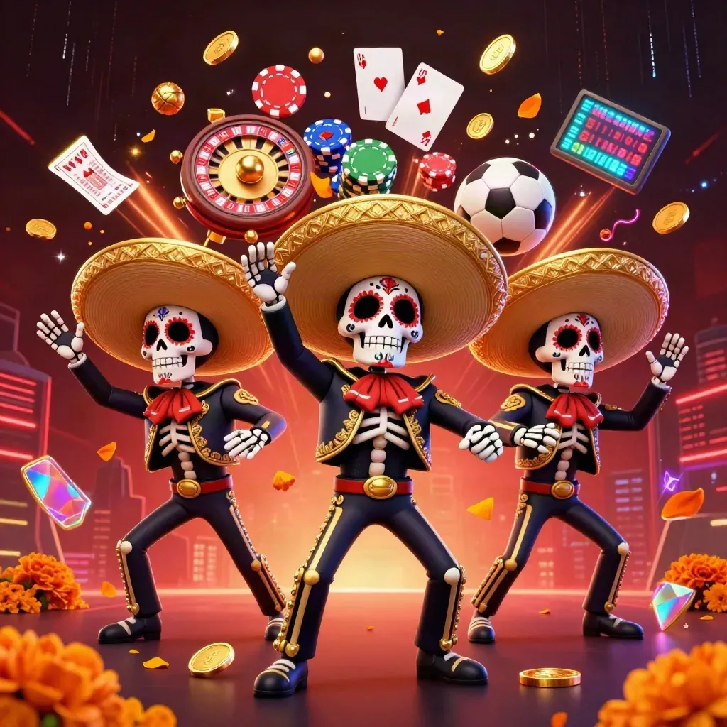 Skeleton mariachi trio exploding coins, chips, roulette, sports props, and neon casino energy.