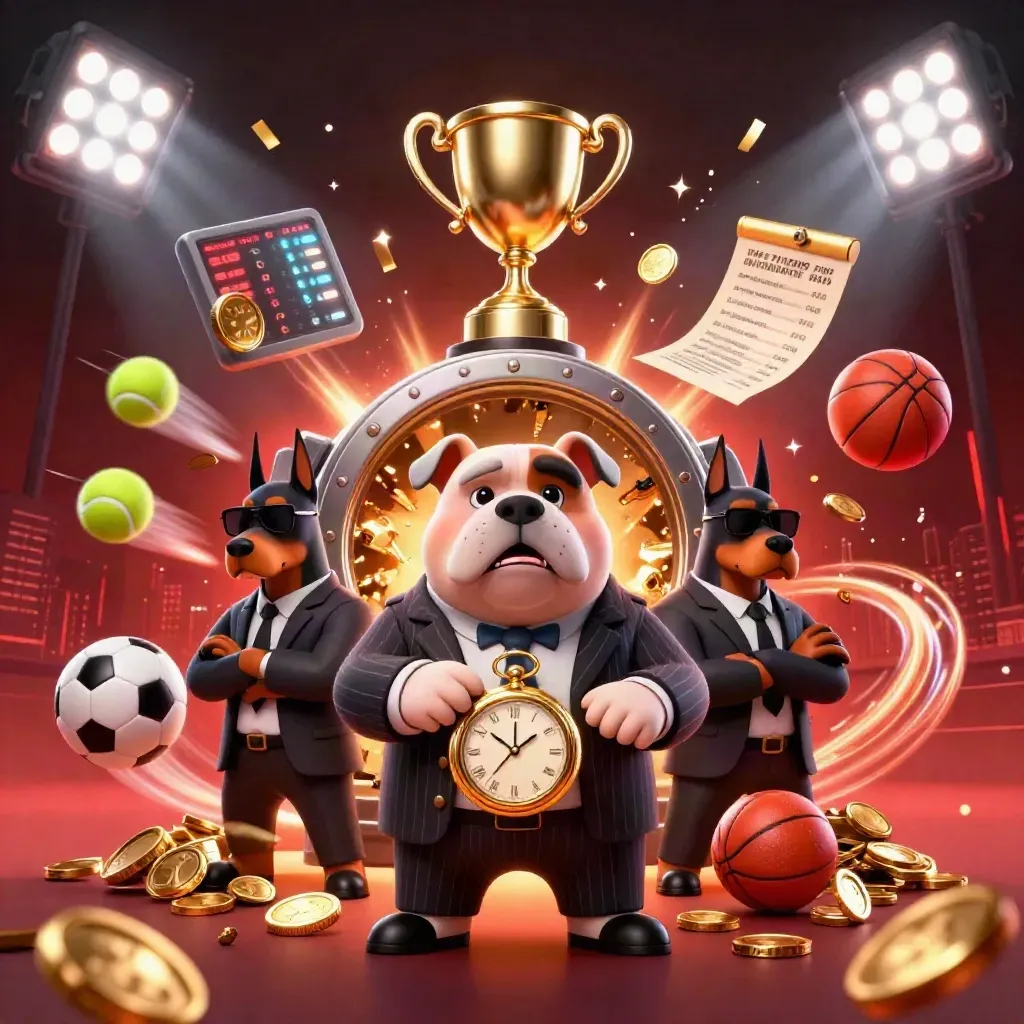 Cartoon bulldog boss with two Doberman guards amid vault coins, sports balls, trophy, and fireworks.