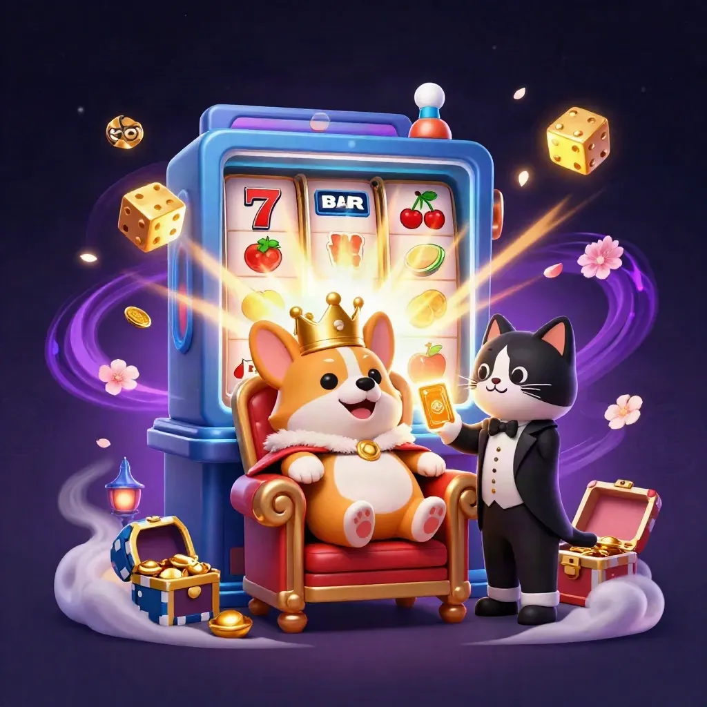 Royal corgi and cat butler amid jackpot slots, gold, and neon casino magic