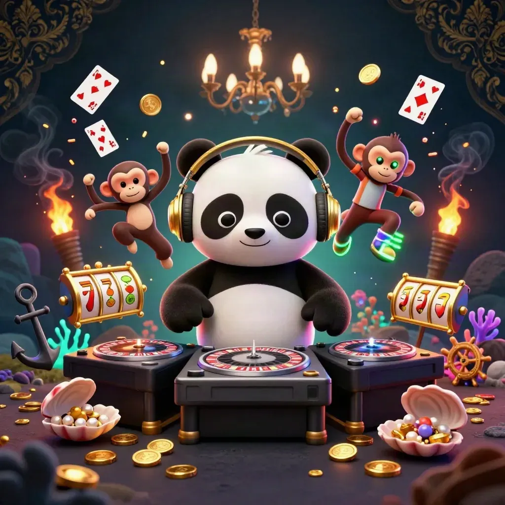 DJ panda, monkey, and rave kitten in a neon casino treasure cove