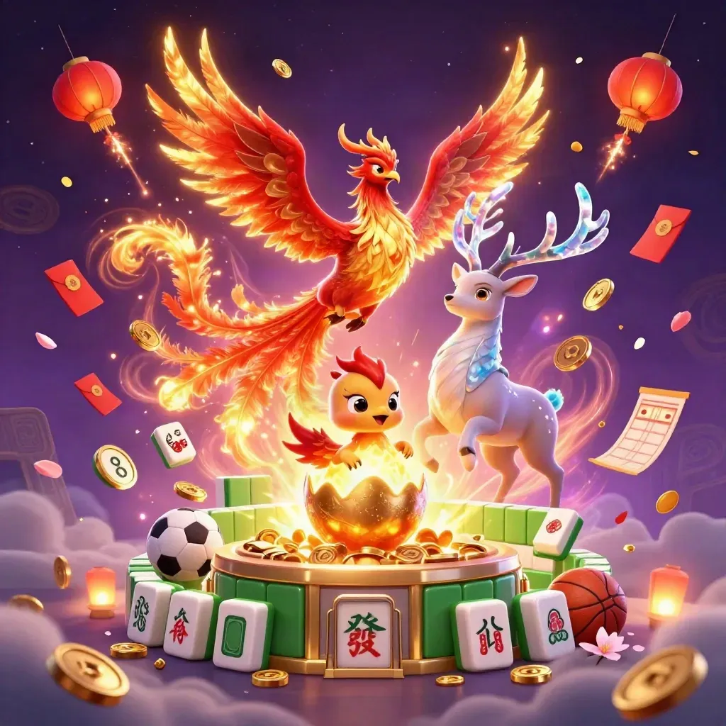 Phoenix trio amid treasure burst, coins, lanterns, petals and sports betting symbols in a dark neon sky.