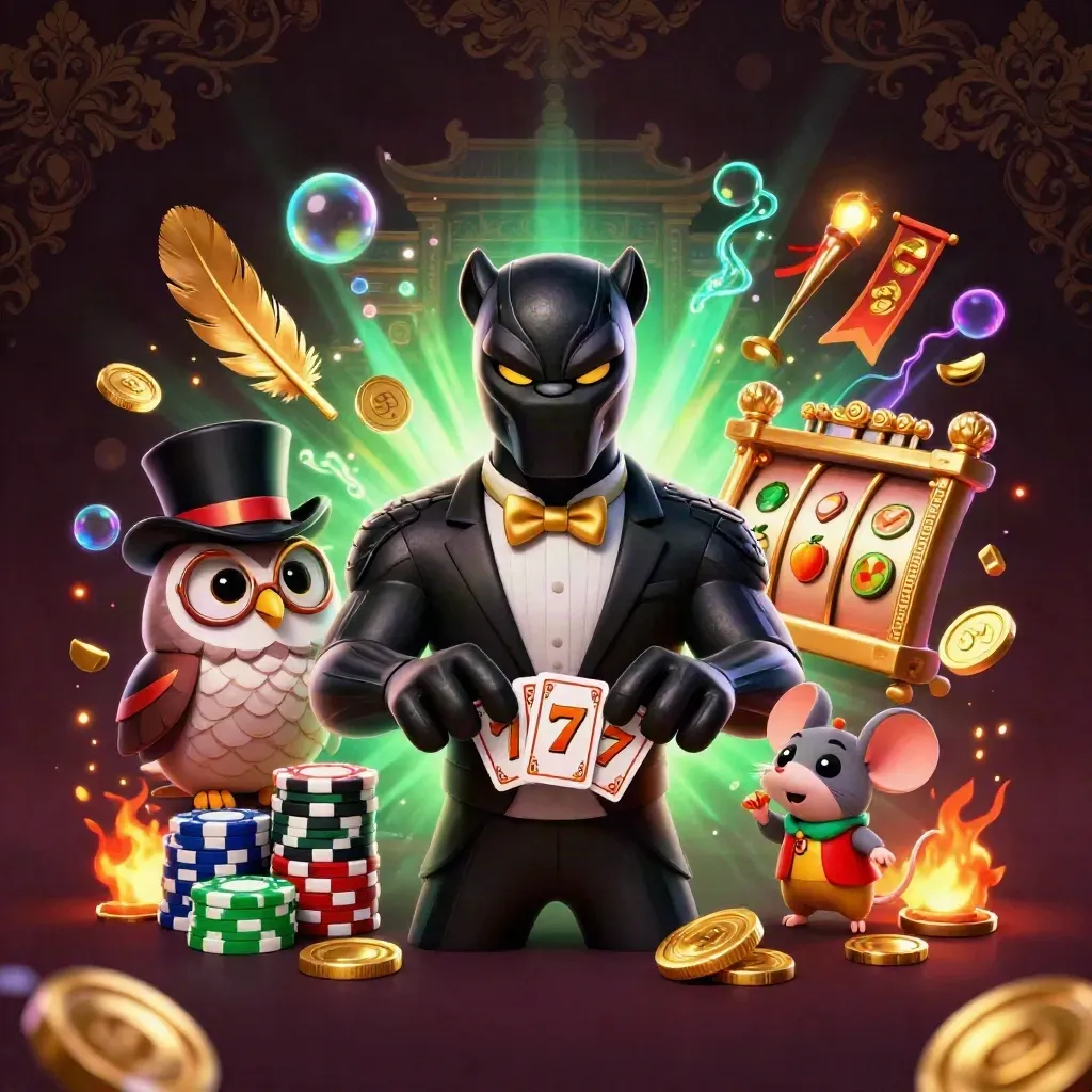 Panther, owl and mouse casino trio amid cards, chips, coins and glowing reels