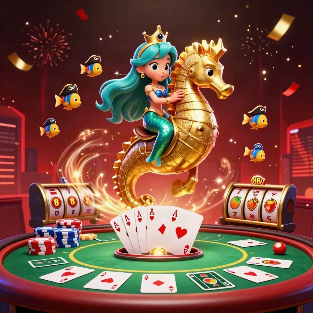 Mermaid princess on armored seahorse amid poker chips, cards, pirate fish, and casino sparks.