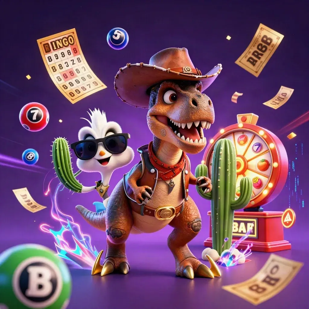 Cowboy T-Rex, cactus sidekick, and roadrunner amid neon casino bursts on a dark starfield.