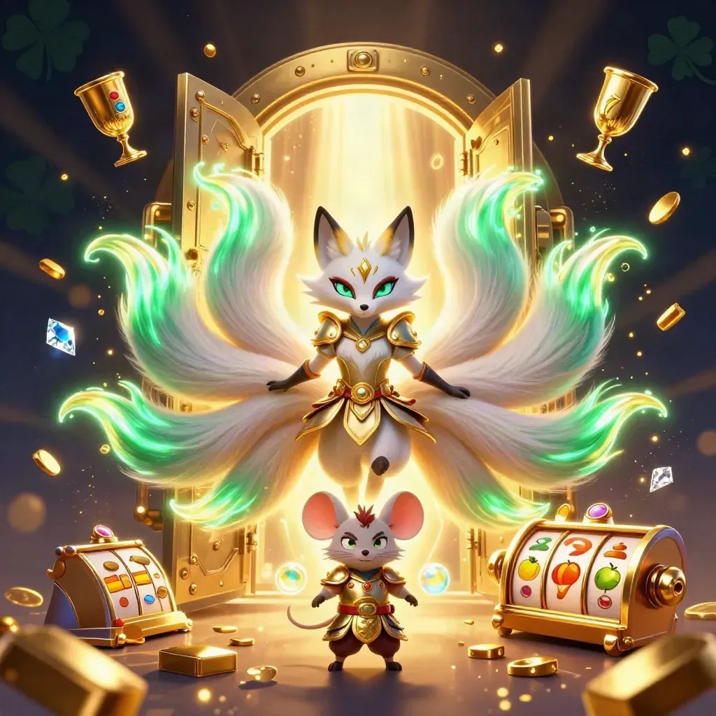 Fox spirit and samurai mouse with treasure vault, reels, gems, and glowing gold light.