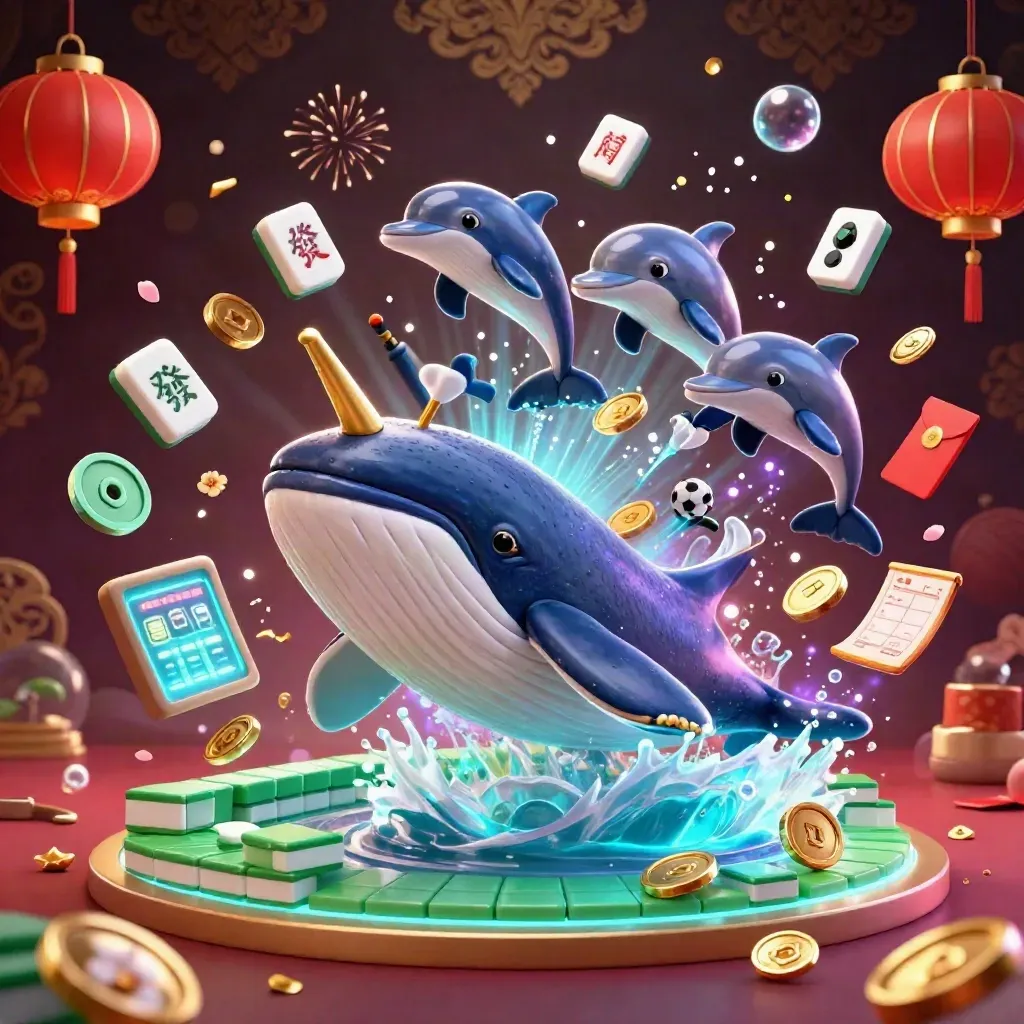 Whale captain, narwhal, dolphins, coins, lanterns, sports props, neon casino glow.