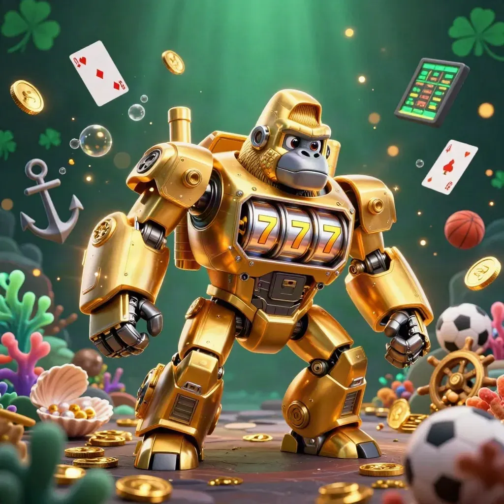 Golden gorilla mech with monkey pilot amid casino treasure, sports balls, and neon sparks.