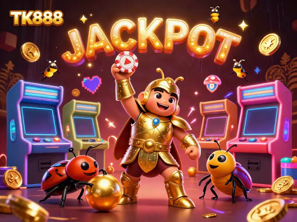 Experience the excitement of TK888 with a triumphant beetle celebrating a jackpot in a vibrant casino scene.