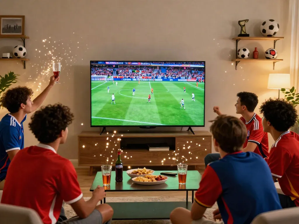 Friends enjoying a lively football match together while watching gavangtv.